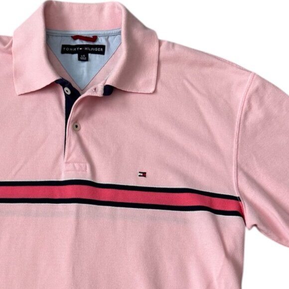 Tommy Hilfiger Waffle Knit Striped Golf Polo Shirt in Light Pink MENS Size LG - Picture 4 of 7